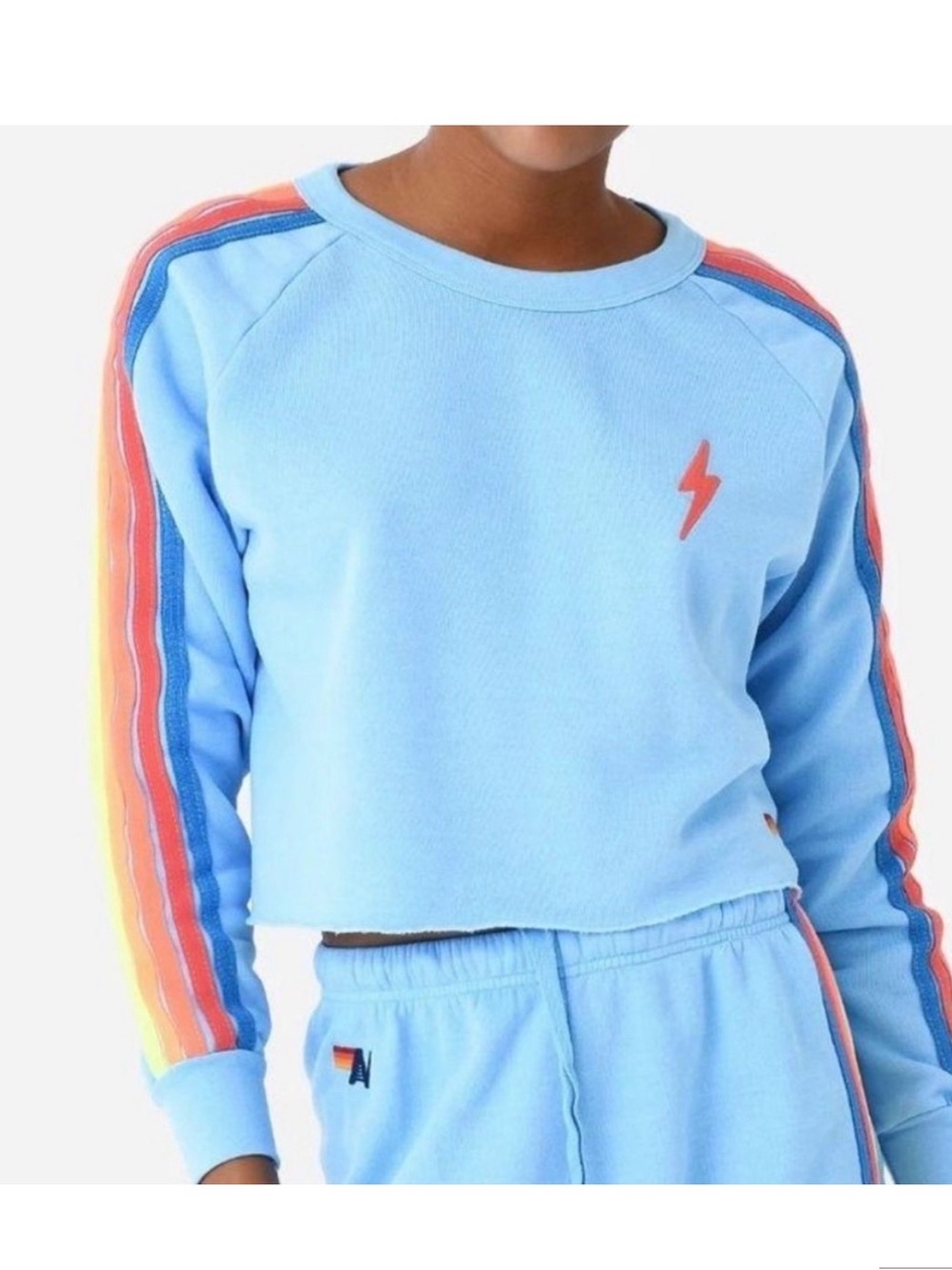 Aviator Nation Bolt Rugby Stitch Crew Sweatshirt in Sky/Rainbow